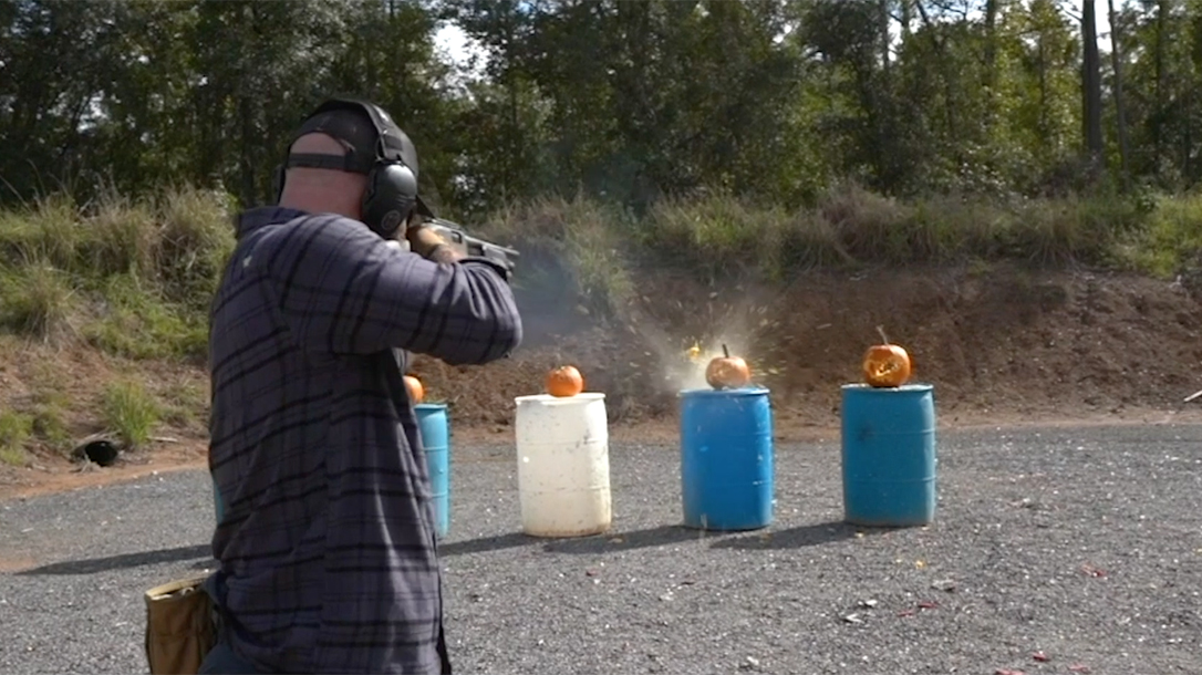 FN P12 Shotgun, FN P-12, shooting pumpkins, Halloween