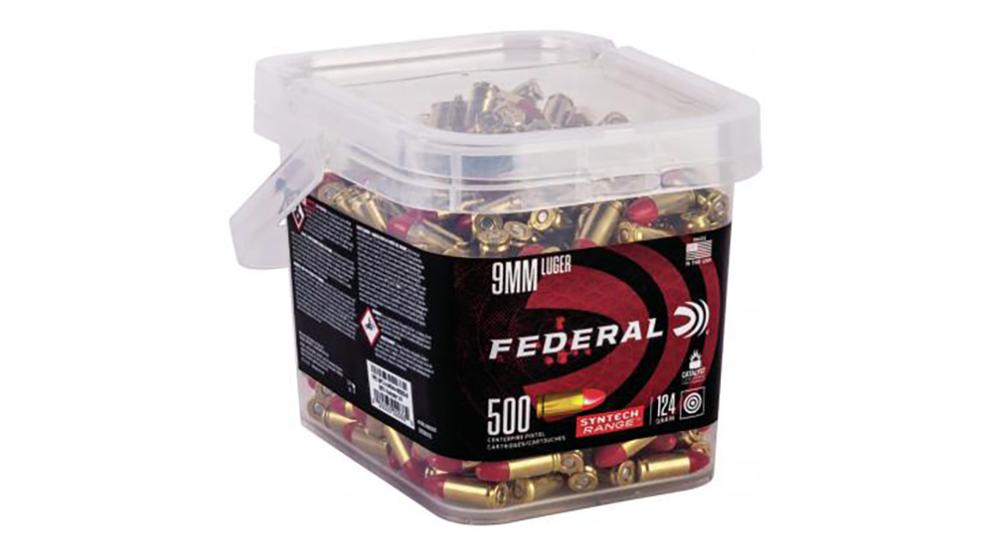 Federal Syntech Bulk Buckets offer 250-500 rounds of ammo.