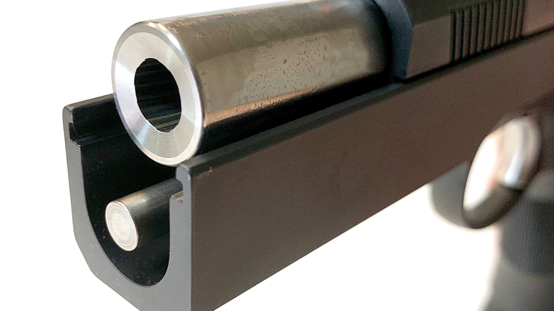 The pistol features a match-grade bull barrel in stainless steel.