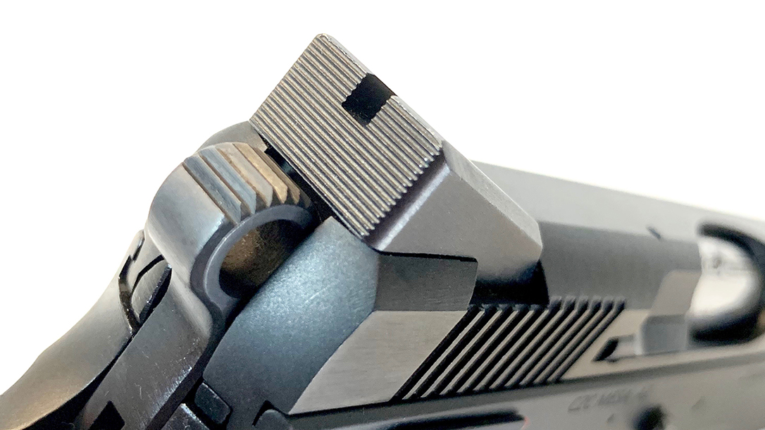 The serrated, blacked out rear site provides a stark contrast for the front site.