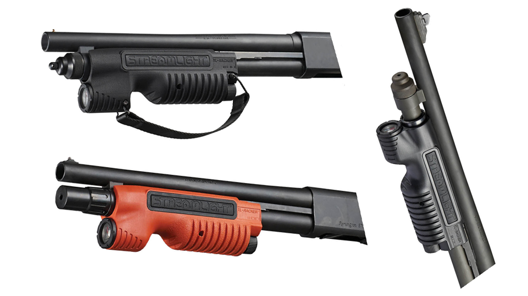 With several models delivering 1,000 lumens of bight light, the Streamlight TL-Racker increases the defensive capability of your Remington or Mossberg pump.