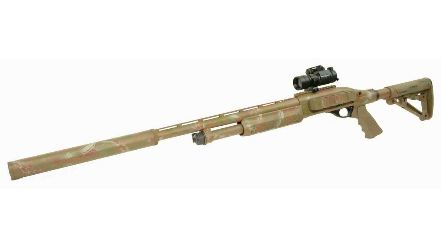 The new integrally suppressed works on Remington 870 and Mossberg 500 shotguns.