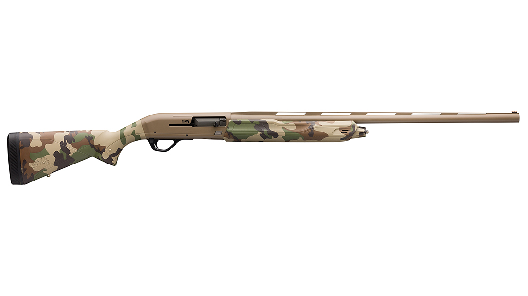 The Cerakote and Woodland finish give the Winchester Super X4 a vintage look.