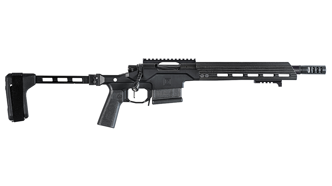 The Christensen Arms Modern Precision Pistol sports a short barrel and folding pistol brace from SB Tactical.