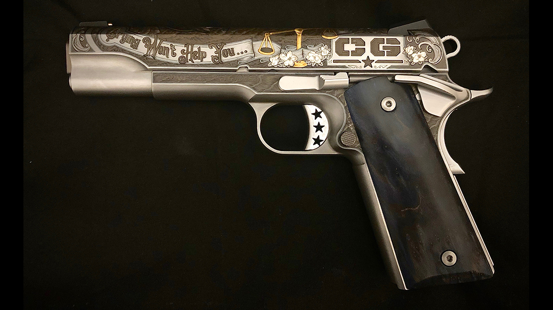 Gun Engraving, cabot arms 1911, lead