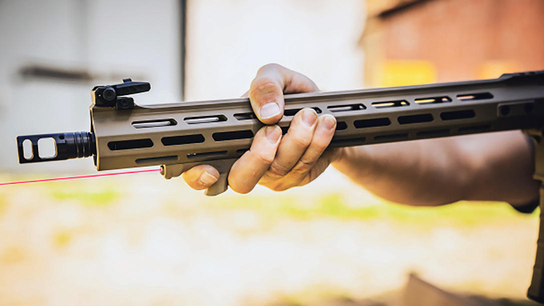 The Viridian HS1 hand stop features a laser-aiming device.