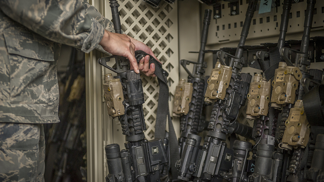 An armory full of M4 carbines.