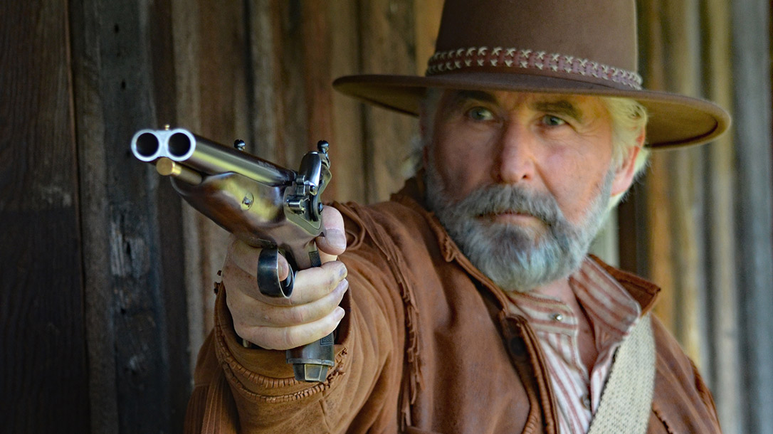 The Howdah 20Ga Double-Barrel Flintlock Pistol saw prominence in the American frontier of the 1860s and 1870s.