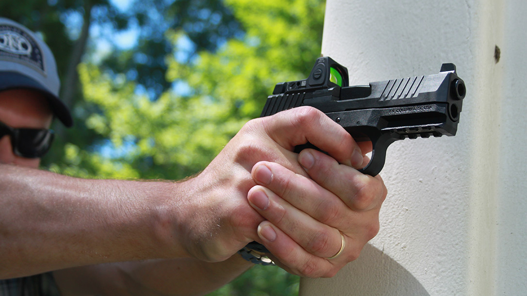 Training drills involving simulated cover allowed the FN 509 Midsize MRD pistol to be evaluated in dynamic settings with rapid strings of fire.