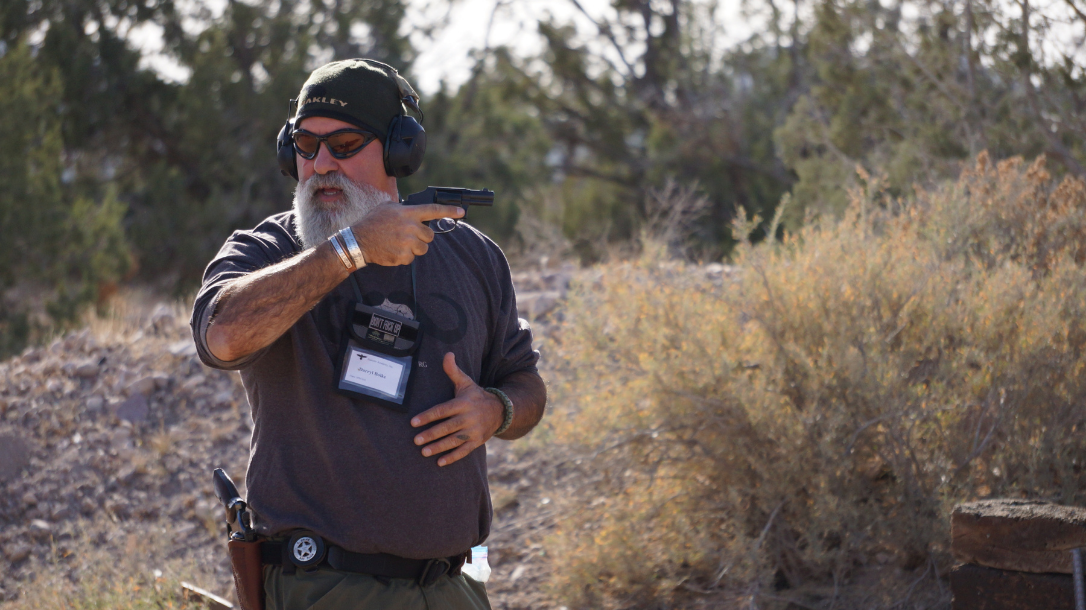 Darryl Bolke demonstrates pocket revolvers at the 2021 Revolver Roundup