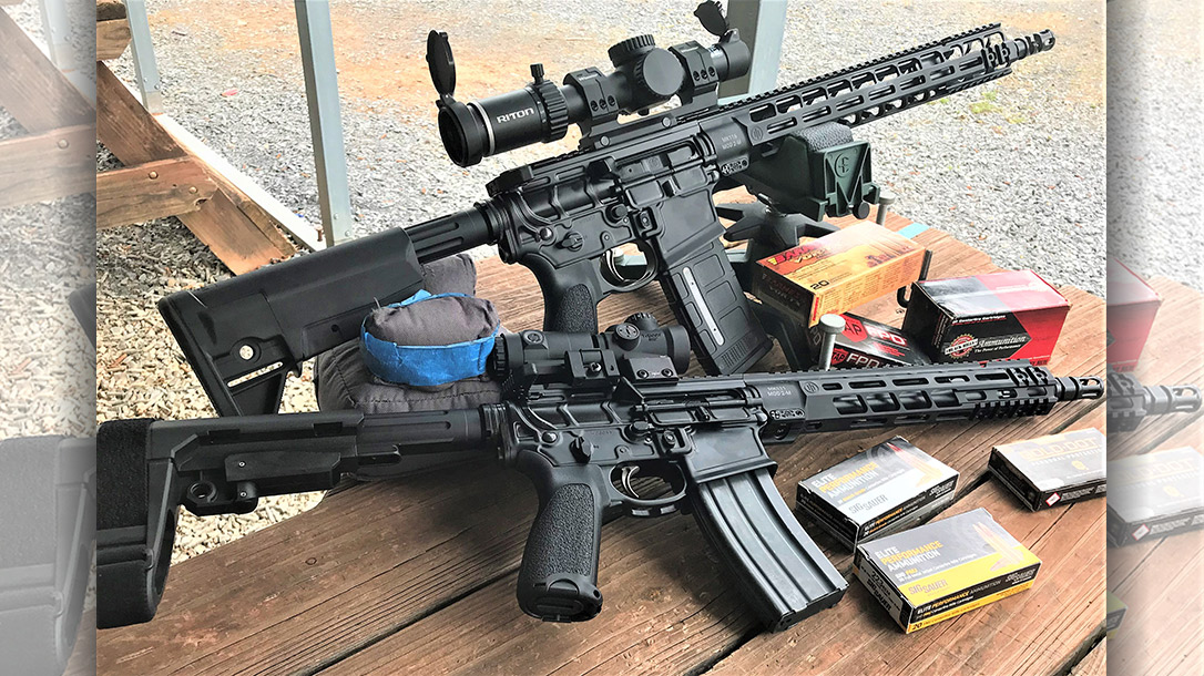 The PWS MK1 MOD 2-M series, MK116 MOD 2-M rifle with Riton X5 Tactix 1-6X optic and the MK111 MOD 2-M braced pistol with Trijicon MRO HD.