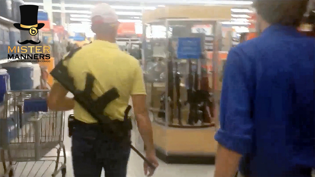 A man open carries in a Walmart store.
