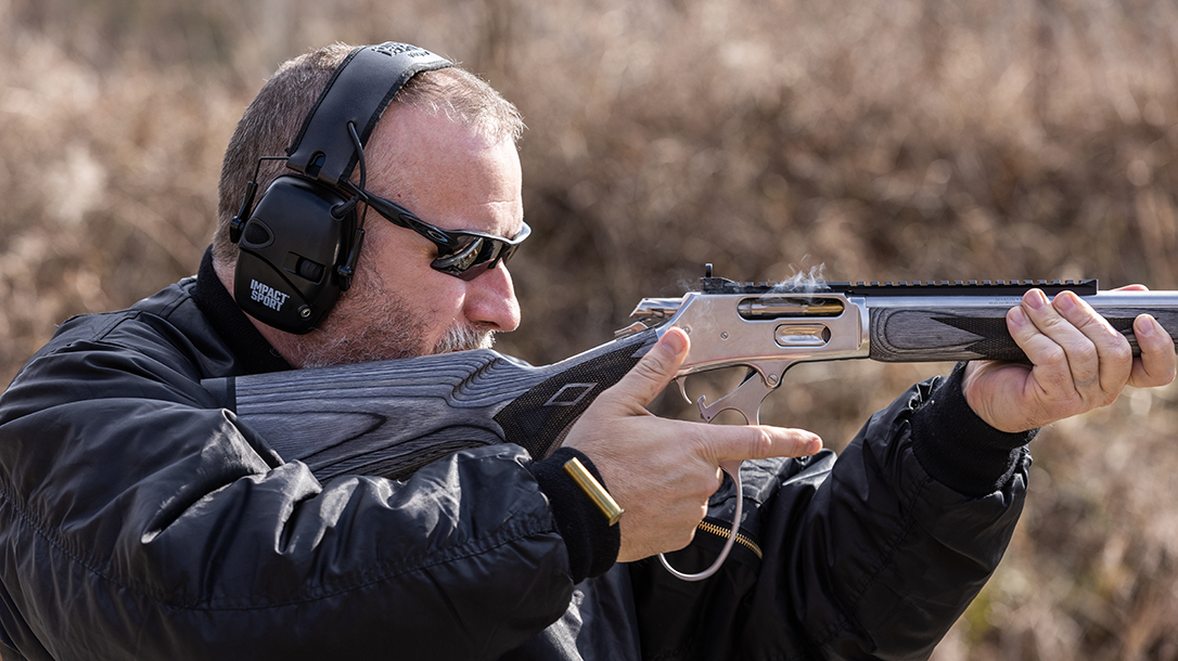 Working the lever on the Marlin 1895 SBL.