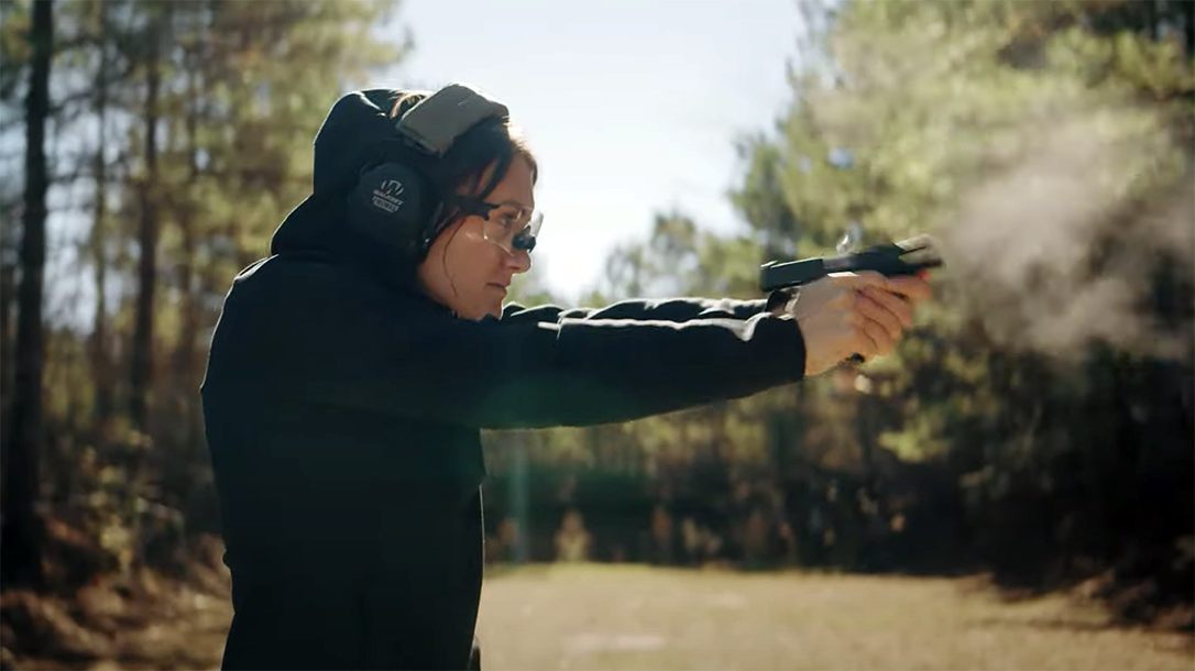 Team SIG Sauer's Lena Miculek fires a P365 and debates .380 vs 9mm.