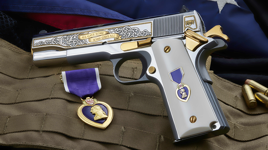 The SK Customs Purple Heart Colt 1911 features engraving.