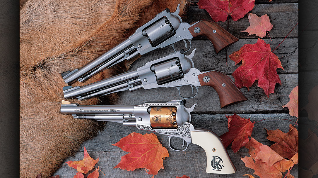 The special edition Ruger Collectors Association models were produced periodically in limited series. Pictured are two models from 1976 and a 25th Anniversary Old Army commemorative. All models featured the original adjustable rear sights.