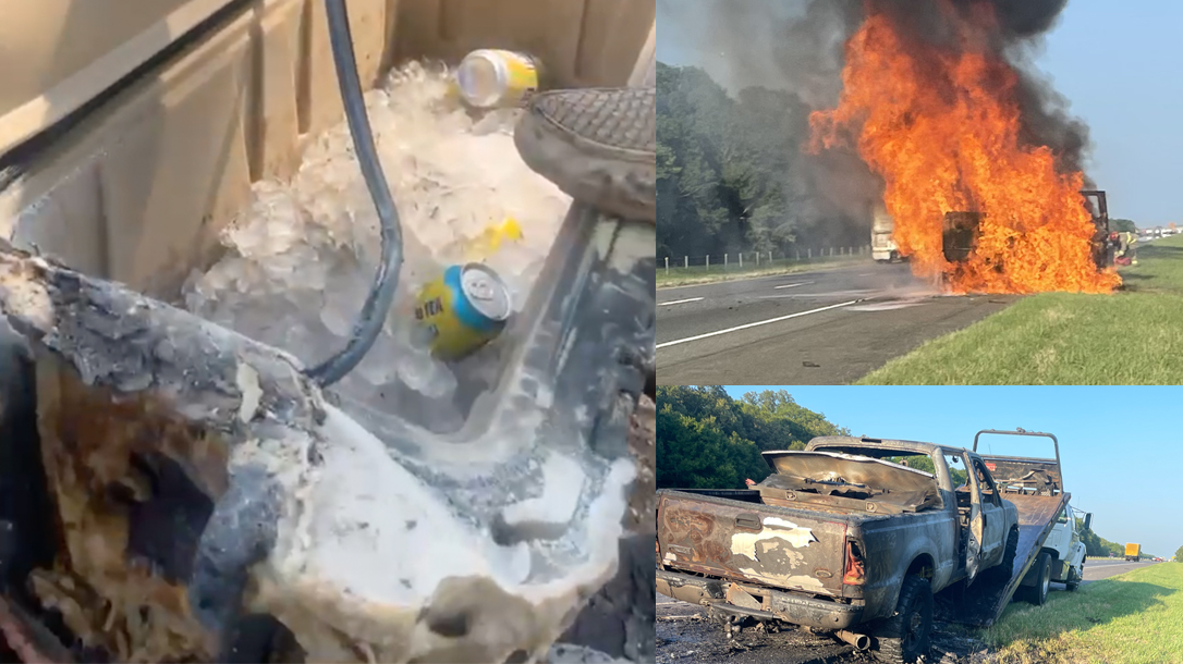 A Pelican Cooler stood up to inferno and kept its beer cold.