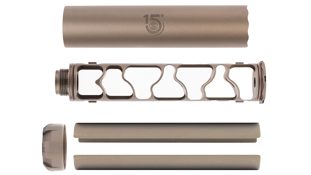 The lightweight SilencerCo Sparrow-TI suppressor.