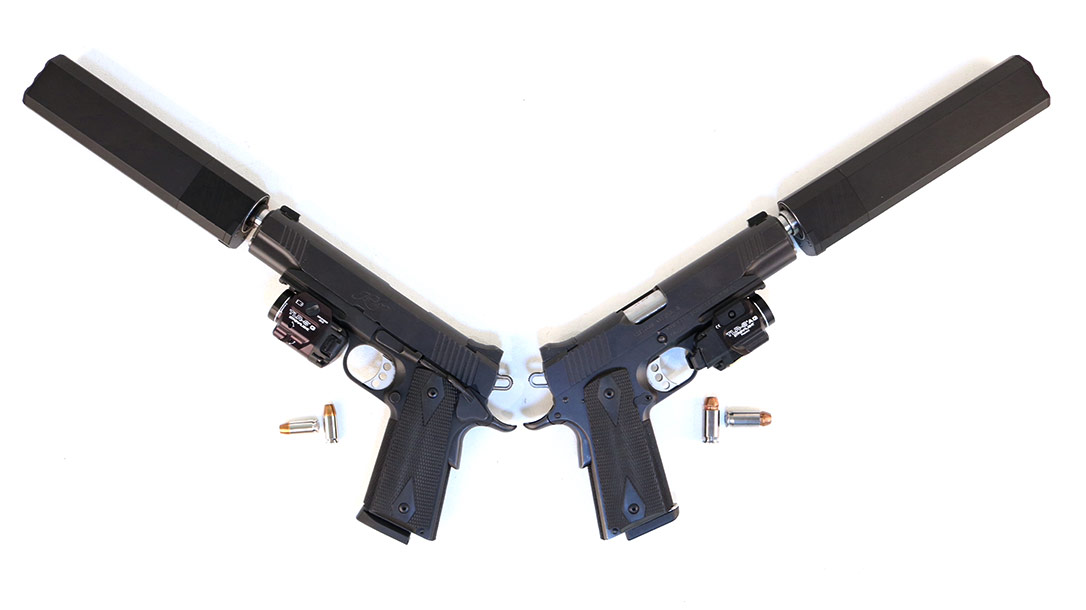 The SilencerCo Osprey on twin Kimbers.