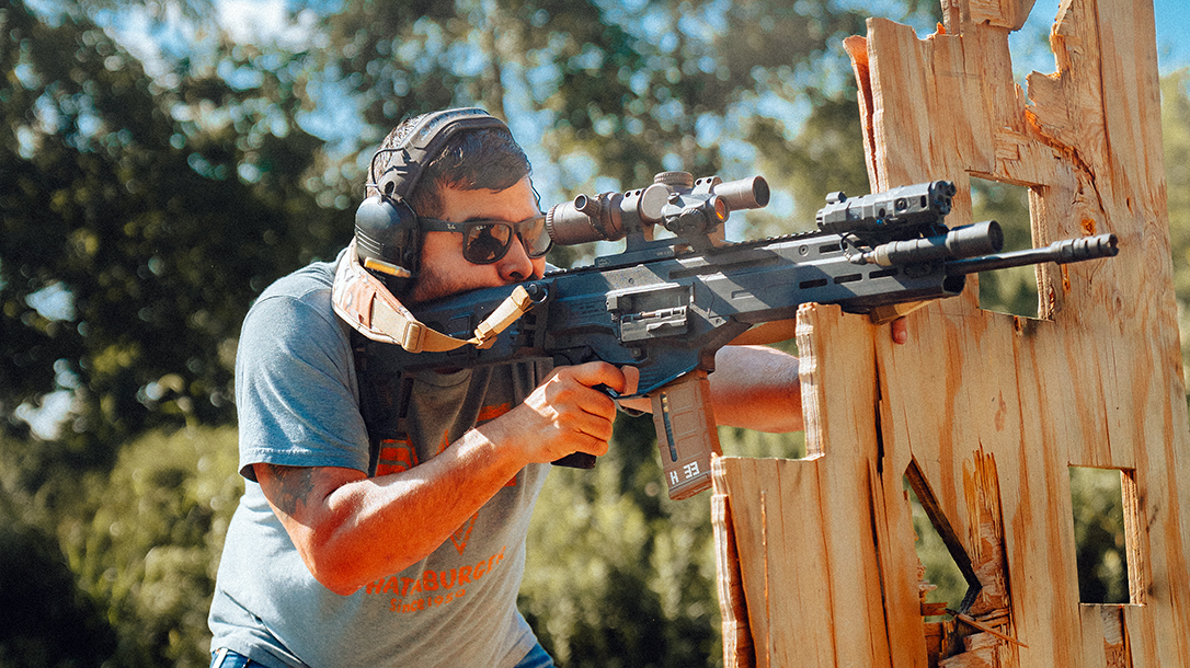 Shooting the IWI Carmel during testing.