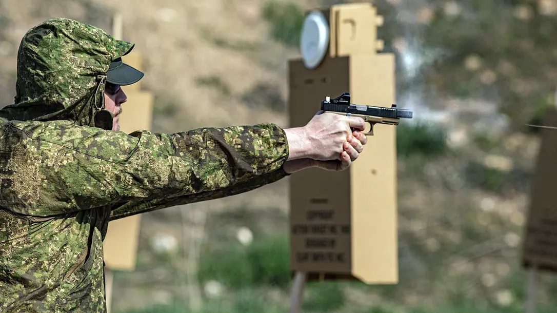 Shooting while wearing the Helikon-Tex Windrunner Windshirt.