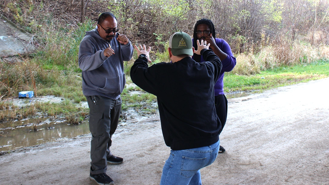 In this picture, the author mistakenly allows multiple attackers to approach/flank him from both right and left sides.