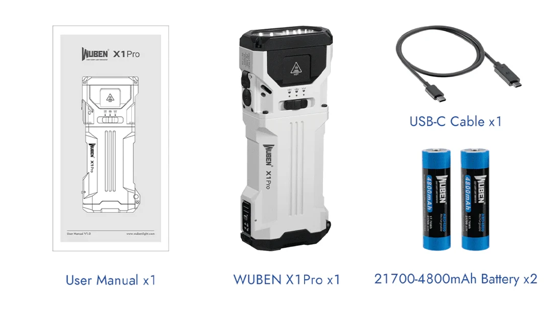 The wuben x1 prop light comes complete with rechargeable batteries and power cord.