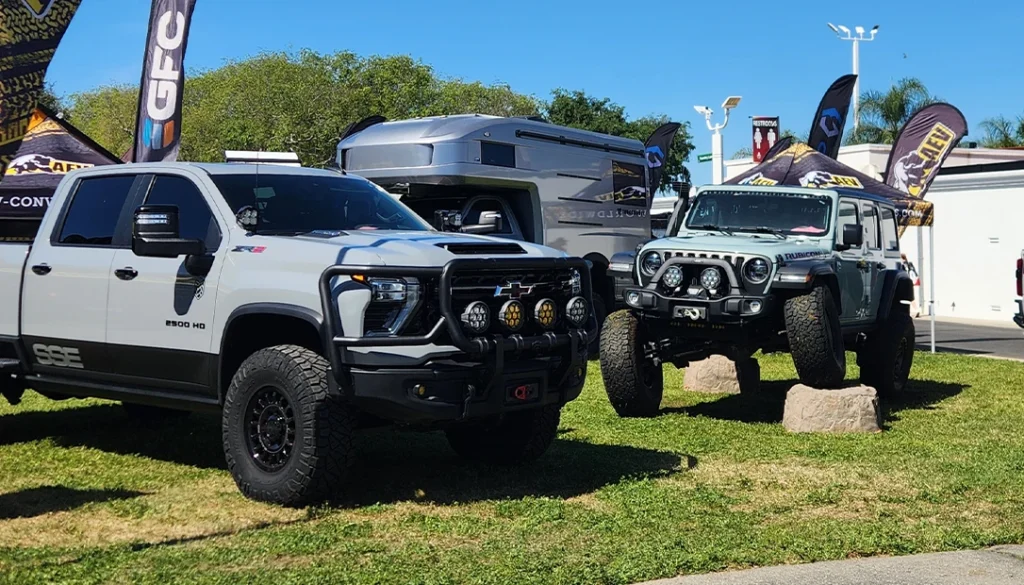 Overland Expo SoCal showcasing modified SUVs and expedition trucks