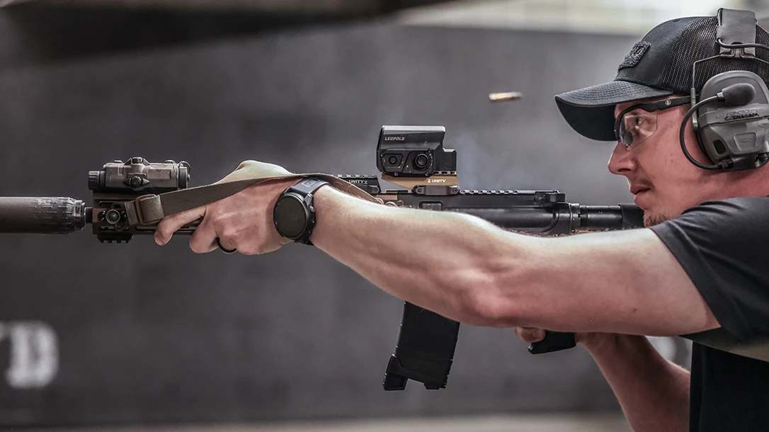 The Leupold new LCO PRO F2 red dot sight on an AR15 that is being shot.