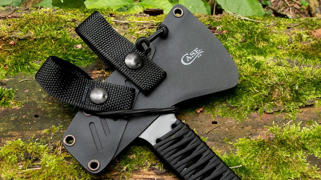 The sheath design for the Case Winkler Pack Axe is very unique and utilizes a shock cord for retention.