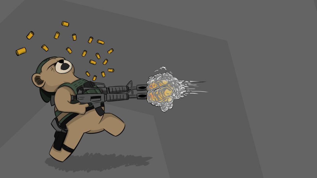 The new Ballistic Magazine mascot, FUBeAR, both guns blazing.