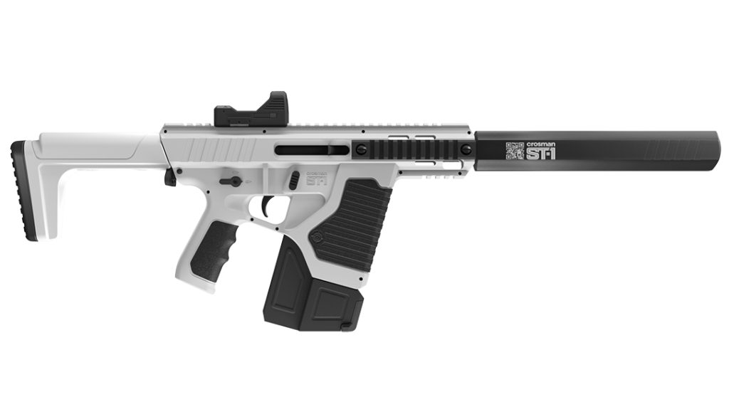 The Crosman ST-1, in pistol or rifle mode, shoots full-auto.