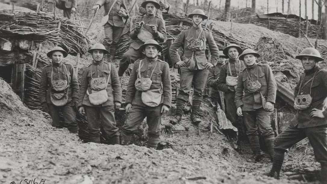 U.S. Marines outside a dugout in World War I. The Marines fought as part of the 2nd Division in the American Expeditionary Force. Their first battle was fought in Belleau Wood in June 1918.