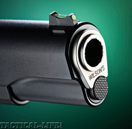 The Wilson 1911 is equipped with a dovetailed front sight that features a fiber optic light pipe.