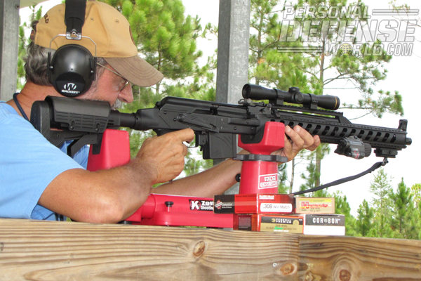 The VEPR was bench-tested for accuracy using an MTM K-Zone shooting rest and four factory loads. Average groups ranged from 2.53 to 3.42 inches at 100 yards.