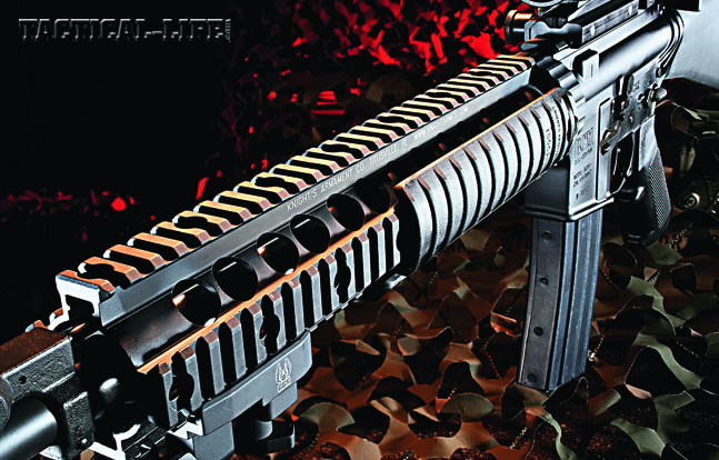BCM’s SAM-R is Mil-Spec from barrel to stock. The 410 stainless barrel is treated with IonBond Black DLC to cut the shine, the lower is ready for RDIAS installation of an NFA-registered auto sear, and the railed forend has lots of real estate for accessories.