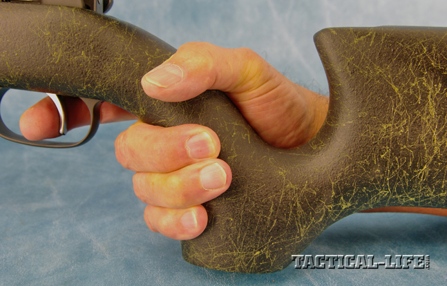 The 527's Kevlar stock provides a near-vertical grip very similar to that offered by a thumbhole stock
