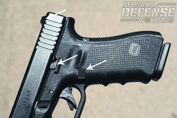 GLOCK 37 Gen4. Reversible enlarged magazine catch is new; oversize slide lock lever has been standard on G37 since its inception in 2003.