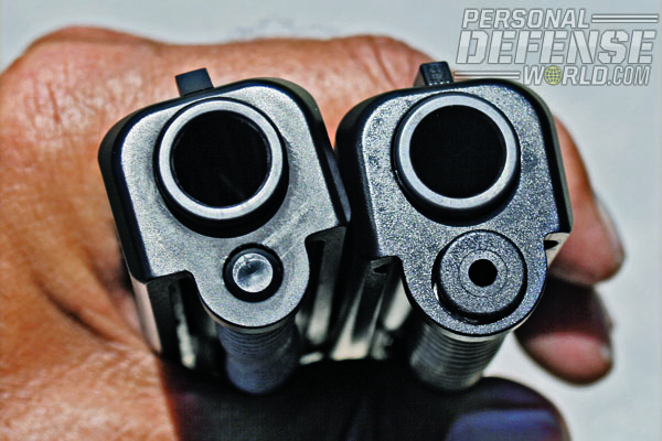 GLOCK 37 Gen4 spring system, right, is not interchangeable with that of earlier G37, left. Note difference in size of recoil spring guide, located below muzzle.