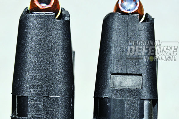 Original-style GLOCK 37 magazine is at left; GLOCK 37 Gen4 mag, at right with Speer 200-gr. Gold Dot, cut for ambidextrous magazine catch.