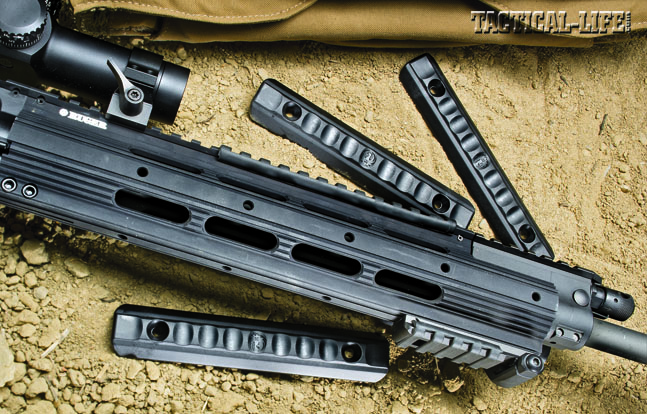 Ruger offers the SR-556 Carbine with either a quad-rail handguard or a sleek adaptable forend (shown) that comes with 3-inch rail sections.