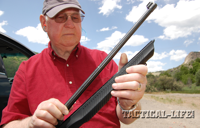 The TacStar stock accepts the standard 10/22 barrel as a simple “drop-in.”