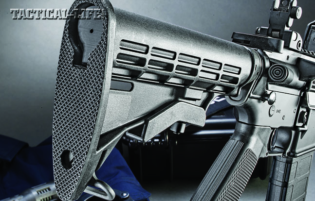 The Yankee Hill Machine SLR 300 Blackout comes standard with a 6-position buttstock. Note the forward assist.