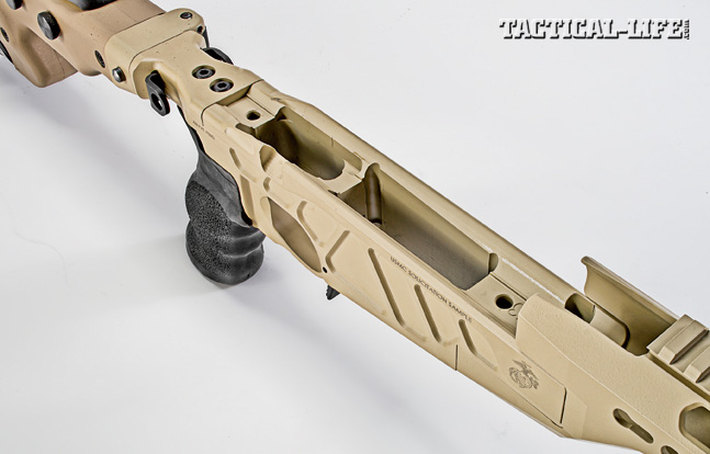 Modularity is not common in bolt action rifles, but Accurate-Mag has achieved just that. Note the rifle’s heavy-duty stock hinge.