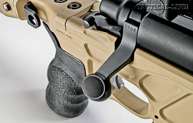 The rifle utilizes a Remington 700 bolt handle with subtle checkering that is easy to reach.