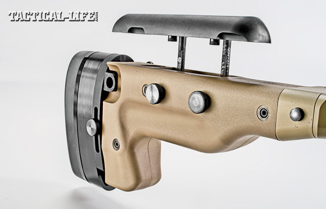 The stock is also designed with a hook so operators can use their support hand to pull the rifle into their shoulder while firing from a prone position.