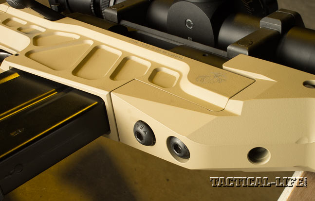 The aluminum chassis of the AM40A6 consists of three pieces, and the smooth, angular forend is mounted to the receiver with two screws.