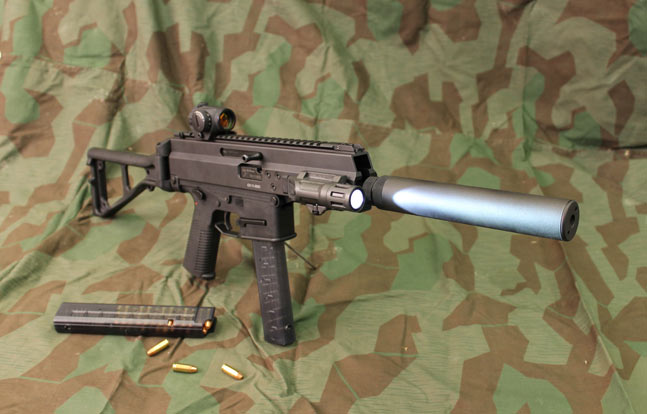 Swiss firm B&T's pistol-caliber APC "patrol carbine," intended for the law enforcement market, served as the basis for the company's new assault rifle in 5.56mm NATO and .300 Whisper. Note the compact platform's side-folding buttstock.