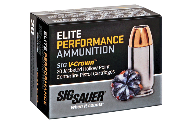 Sig Sauer’s ammunition features the V-Crown jacketed hollow point for reliable expansion.