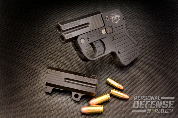 The new Double Tap over/under pistol is available with interchangeable barrel sets, including the 9mm and .45 ACP barrels (shown).